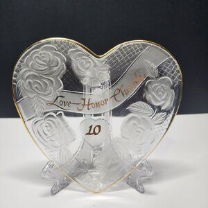 Vtg Heart Shaped Glass Dish with Frosted Flowers Gold Trim For 10 Yr Anniversary